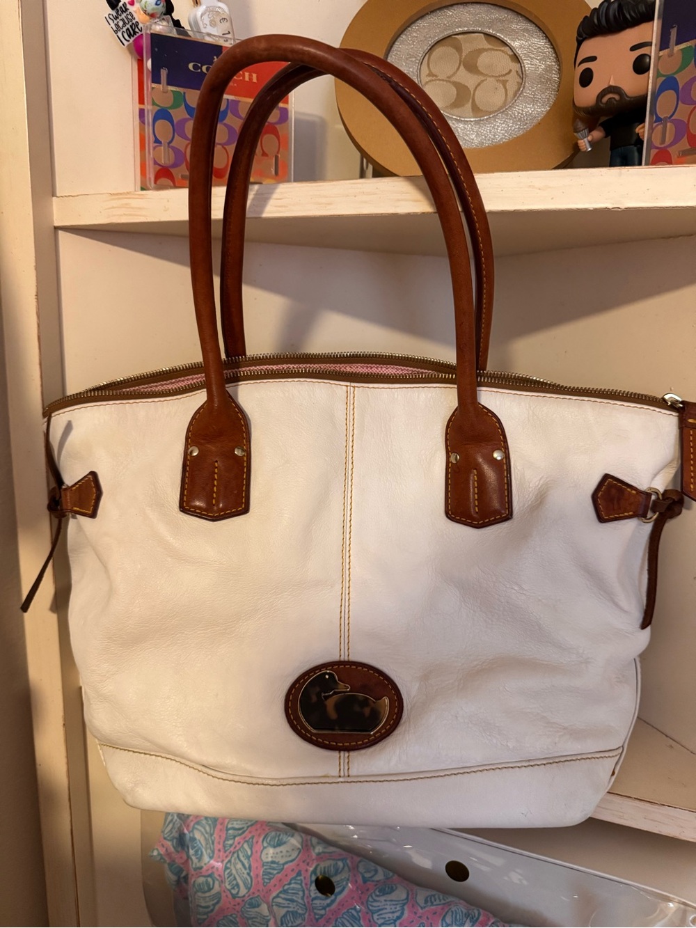 Dooney & Bourke White Leather Tote with Brown Trim and Handles